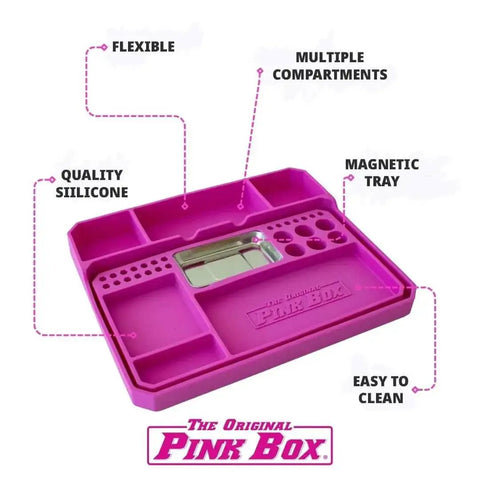 Two Piece Flexible Silicone Tool Organizer Tray Set In Pink For Safe Slip Resistant Storage Grab And Go Magnetic Tray With Divided Compartments And A Larger Tray For Bigger Tools Or Parts