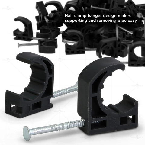 Half Clamp With Nail For PEX Tubing Support One Half Inch Black Durable Plastic with Grip Friction Ring shown in close-up view