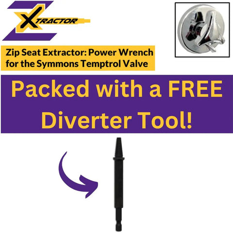 Seat Power Tool Extractor Set For Symmons Temptrol Valves Includes Extractor Classic Extractor Evolve Diverter And Power Drill Bit For Frozen Seat Removal With Pro Grade Performance And 18V Impact Gun Compatibility showcasing product features and free diverter tool offer.