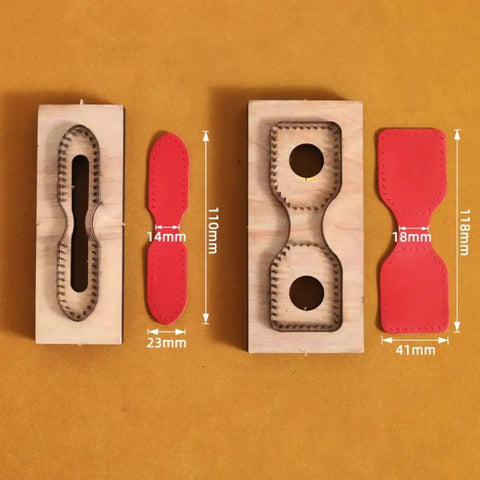 2 Piece Strap End Cutting Mold Set With Wooden Dies And Japanese Steel Cutters for leathercraft, showing red leather shapes and measurements.