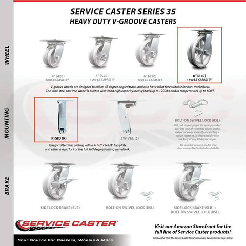 Diagram of Service Caster Series 35 showing various heavy duty V-groove casters with 8-inch silver wheel for industrial use