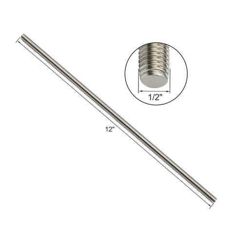 304 Stainless Steel 1/2 Inch Fully Threaded Rod 12 Inch Long UNC 13 TPI 4 Pack, showing full length and close-up of threading.