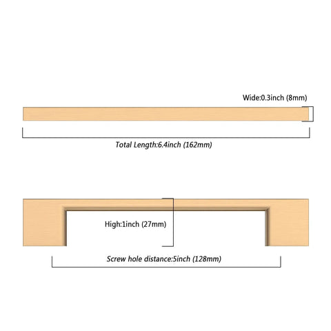 Dimensions diagram for Ten Pack 5 Inch Center To Center Zinc Alloy Champagne Bronze Kitchen Cabinet Handles Drawer Pulls.