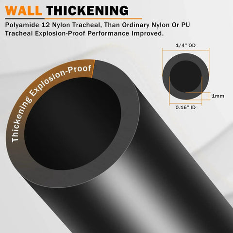 Premium PA12 Nylon Pneumatic Air Tubing 30 Ft 1 Quarter Inch OD DOT Approved For Semi Trucks And Industrial Air Systems SAE J844 Compatible High Temperature High Pressure Pneumatic Hose Line showcased by wall thickness diagram