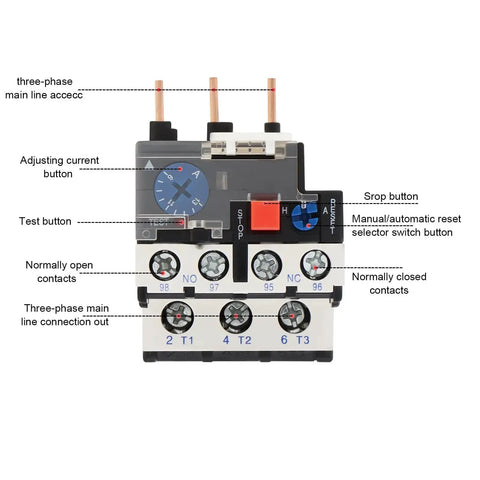 Front view of JR28-D3 Thermal Overload Relay with labeled components, 9-13A protection, 690V insulation for electric motors.