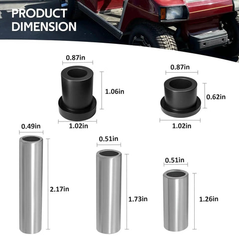 Club Car DS five-piece bushing kit: black polymer bushings and silver sleeves with dimension labels