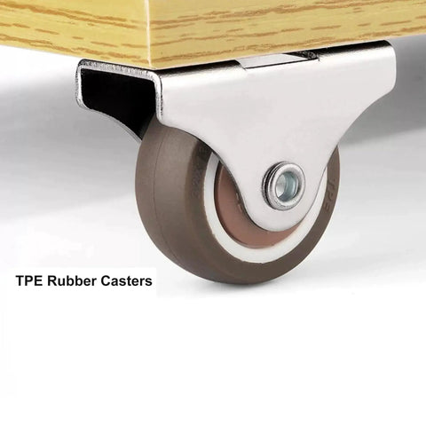 Close-up of 1-inch low profile brown caster wheel attached to furniture, metal top plate, rubber wheel, 8 Pack 1 Inch Low Profile Rigid Non Swivel Caster Wheels With Metal Top Plate Rubber For Furniture And Cabinets Brown Each Wheel Supports Up To 18 Lbs 25mm Diameter 13mm Wide Top Plate 42x20.5mm With 4mm Mounting Holes.