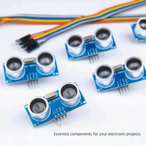 Five Pack HC SR04 Ultrasonic Distance Sensor Modules for Arduino projects with wiring harness, ideal for robotics and measuring applications.