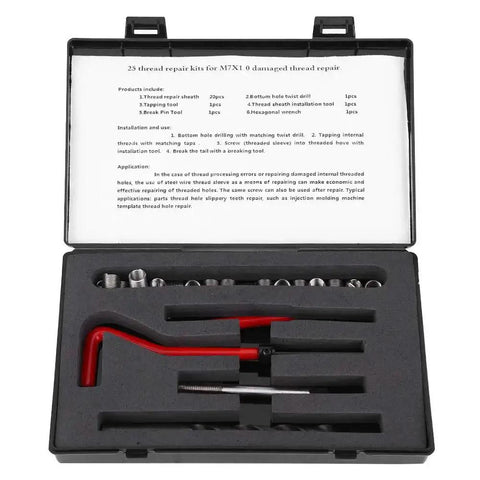 25Pcs Pro Grade Thread Repair Kit M7x1 Stainless Steel Thread Inserts With Spiral Drill And Wrench for auto parts repair in case