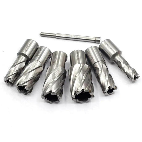 7 Piece Annular Cutter Set With Weldon Shank For Magnetic Drill Press Beefy Hole Cutter Kit, 1 Inch Cutting Depth, Diameters From 0.5 To 1.0625 Inch, 2 Flats, HSS Mag Drill Bits, Includes Pilot Pin Oscarbide.