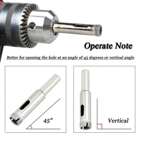 Diamond Hole Saw Drill Bit Set For Tile Ceramic Glass Marble And Stone, 10 Pieces Hollow Core Bits, diagram of drill usage angles.