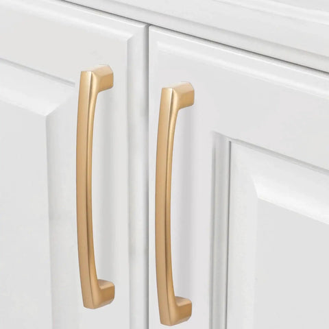10 Pack 5 Inch Champagne Bronze Cabinet Handles For Kitchen Cabinets And Furniture Pulls installed on white doors