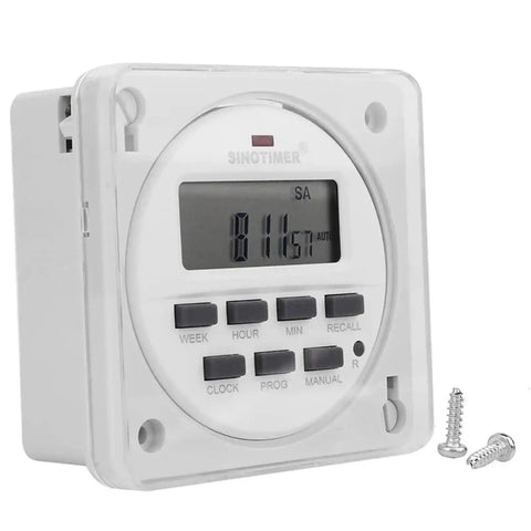 Front view of 12/24 Volt DC Timer Switch with 7-Day 24-Hour Programmable Time Relay Clock for panel mount