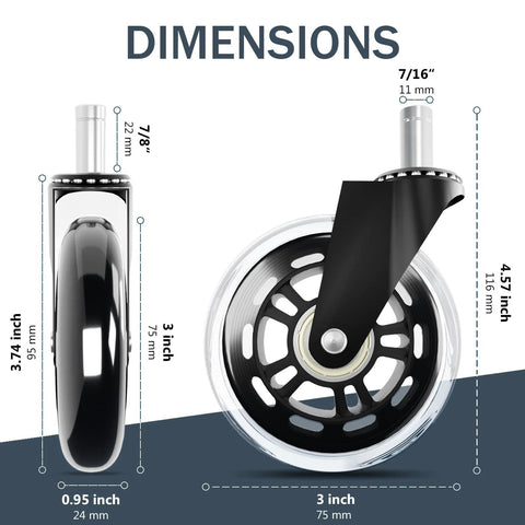Dimensions of 3 Inch Rubber Chair Wheels Replacement Casters With Seven Sixteenth Inch Stem Universal Fit and transparent wheels