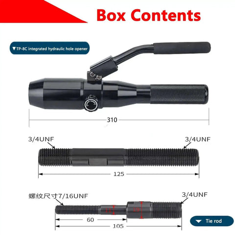 Pro Grade Hydraulic Metal Sheet Hole Puncher Kit With 66KN Clamp showing hydraulic hole opener and 3/4 UNF tie rod components.