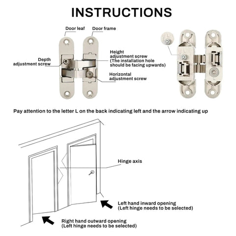 Instructions for installing Hidden Door Hinges Invisible Hinge With Three Way Adjustable And 180 Degree Swing Zinc Alloy Concealed Hinge