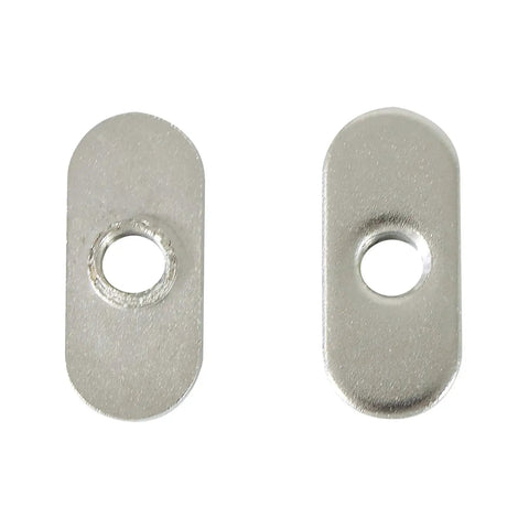 Close-up of two T-Nuts with centered holes for 10 Series T Track Extrusions, carbon steel with nickel plating.