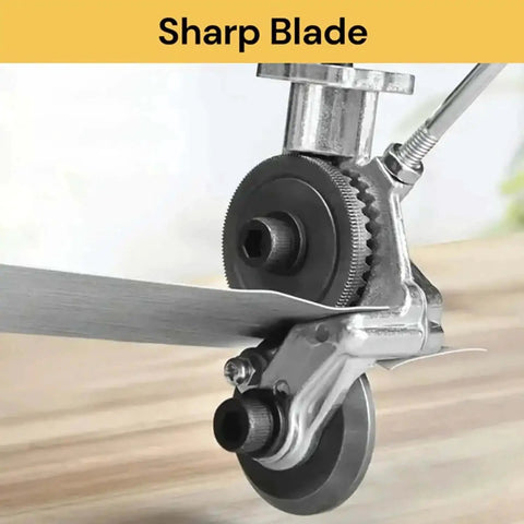 Electric Drill Plate Cutter Nibbler Attachment cutting metal sheet showing sharp blade for smooth cuts on iron, steel, copper, aluminum.