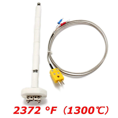 K-type kiln thermocouple probe with white ceramic insulator rod, braided stainless sheath, yellow 2-pin connector, 2372°F max
