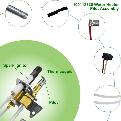 Water heater pilot assembly with thermocouple and spark ignitor; gas heater parts compatible with Whirlpool 300/301.