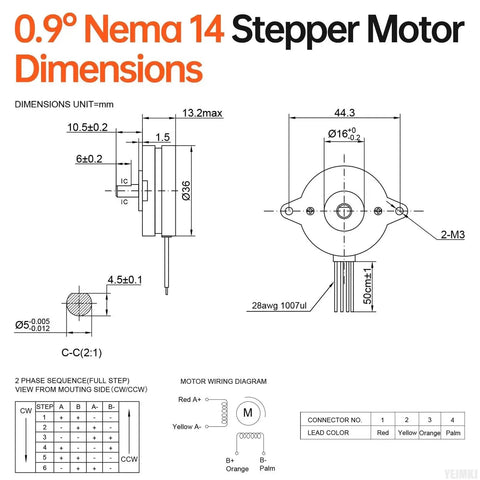 Technical drawing of a High Torque Nema 14 Round Stepper Motor For 3D Printers And CNC Machines, showing dimensions and wiring diagram.