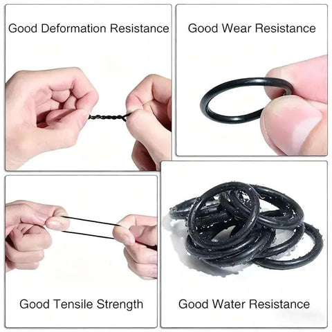 225 Piece O Ring Kit With 20 Size Rubber Seals for pipe valves showing tensile, wear, water, and deformation resistance features
