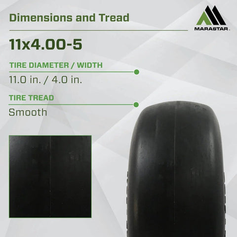 Universal Fit Flat Free Tire And Wheel Assembly For Zero Turn Mowers 11x4.00-5 Smooth Tread side view with dimensions.
