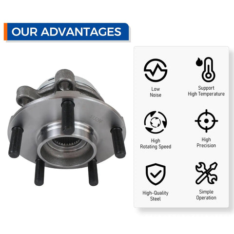 Front Wheel Hub and Bearing Assembly For JX35 QX50 QX60 Altima Maxima Murano Pathfinder Quest Five Lug 513296 Drop In OEM Replacement Fits 2013 To 2021 Vehicles, displayed with product features in bullet points