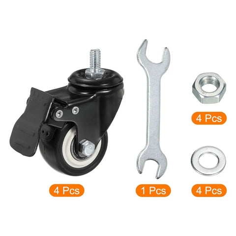 2 Inch Swivel Stem Casters With Brake PU Wheel M8x15mm Threaded Stem 1.25mm Pitch 110lbs Load Capacity Per Caster Black 4 Pieces