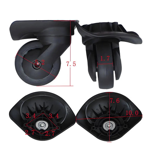 2 Pcs A52 Quiet Single Row Wheel for Suitcases Universal Luggage Replacement Wheels, Silent and Durable, Made with PP and PET Materials, Smooth Rolling, Low Noise Design for Travel and Outdoor Use, showing dimensions and black wheels in multiple views.