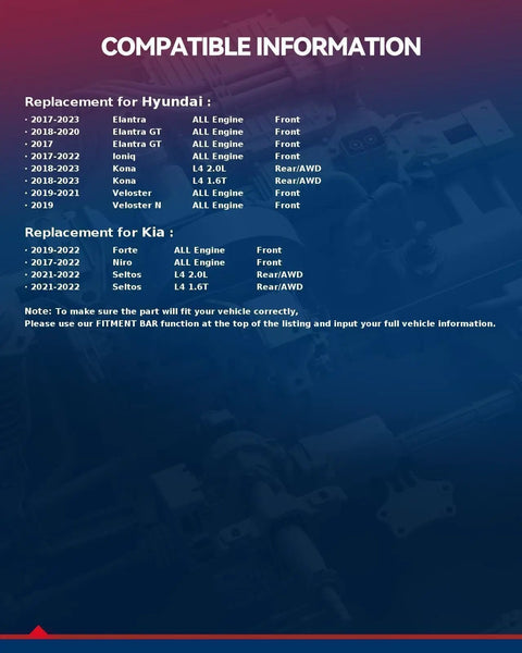 Compatibility chart for Beefy Pair Front Wheel Bearing And Hub Assembly For 2017 Through 2023 Hyundai Elantra and Kia models