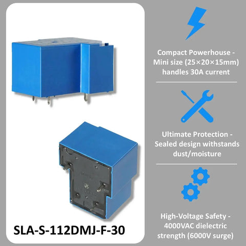 Compact 12V DC General Purpose Relay With 30A NO Switching, Four Pin Coil, Sealed Design, blue casing, ideal for industrial use