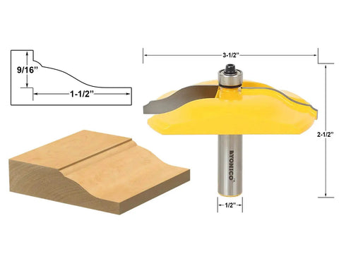 Raised Panel Cabinet Door Router Bit With Ogee Bead Edge Three And A Half Inch Diameter One Half Inch Shank For Table Mounted Router Pro Grade Micro Grain Tungsten Carbide Blades Induction Brazed For Maximum Strength And Durability with dimensions and wood sample