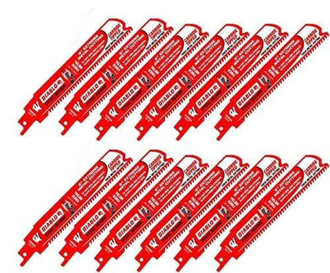 Pro Grade 6 Inch Carbide Tipped Reciprocating Saw Blade Set, 12 Blades Total, showing red blades for demolition and remodeling.
