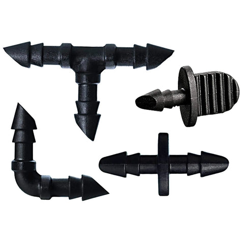 Orbit 1/4-inch barb drip irrigation fittings set; includes 10 couplings, 10 plugs, 5 tees, and 5 elbows in black plastic.
