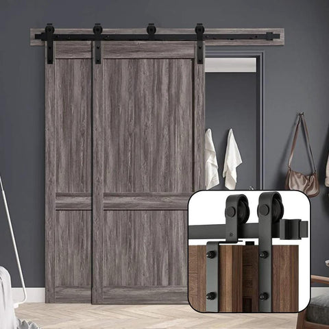 7Ft Bypass Sliding Barn Door Hardware Kit For Low Ceiling Spaces With Overlapping Tracks installed on double doors