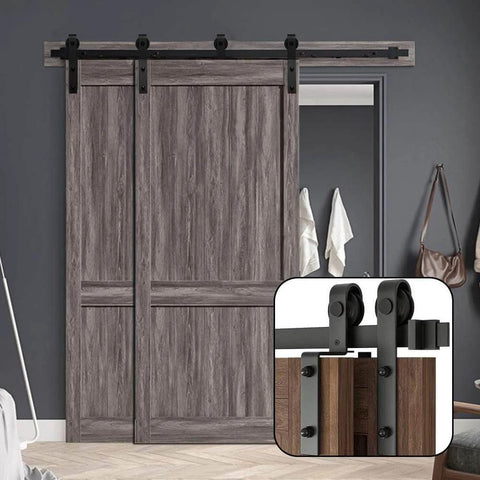 8.2Ft Bypass Sliding Barn Door Hardware Kit For Double Doors With Low Ceiling And Overlapping Tracks In Black Carbon Steel