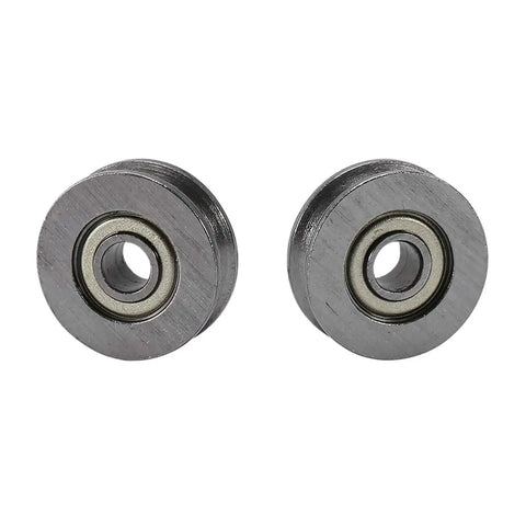 Close-up of V Groove Ball Bearing Set 20 Pcs Miniature Steel V Pulley Bearings 3x12x4mm, silver carbon steel, double shield seals.
