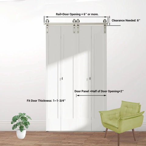 Nickel Plated 72 Inch Double Bifold Sliding Barn Door Hardware Kit For Closet Doors Smooth And Quiet With Side And Top Mount Swivel Wheels Track Length 76 Inches No Door Included