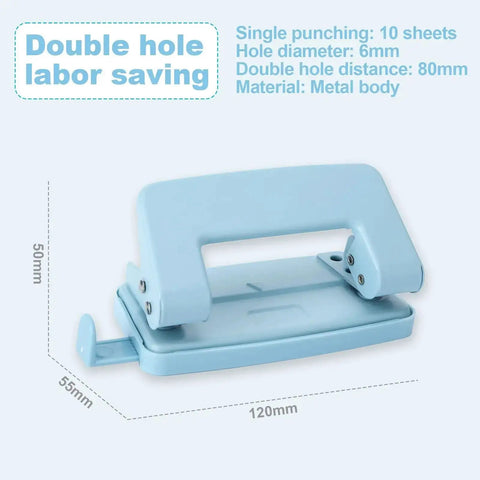 Two Hole Paper Punch Metal Blue Desktop Puncher for file folders and loose leaf books, dimensions 120x55x50mm, metal body