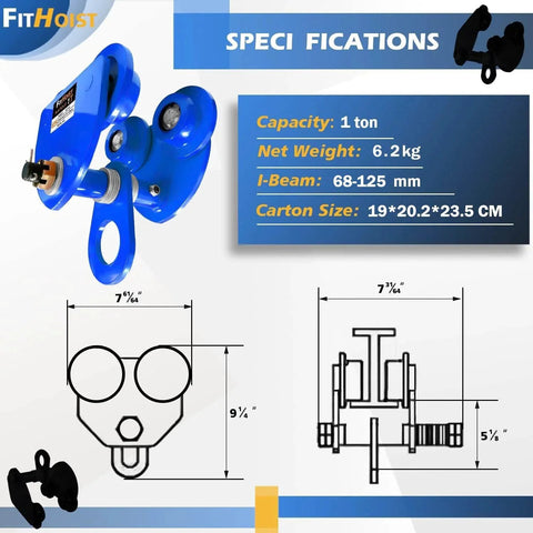 Manually Operated 1 Ton Push Beam Trolley For Beams With 2200 Lbs Capacity Steel Construction Illustrated Dimensions
