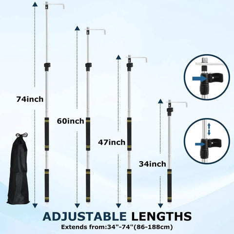 Telescopic Truck Bed Cargo Grabber Reach Retriever Tool 33 To 74 Inch Stainless Steel 4mm Thickened, showing adjustable lengths