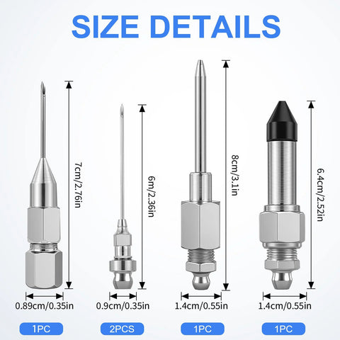 Grease gun needle tip kit, 5-piece set with dispenser, rubber joint, detachable needle tip, and two nozzle tips