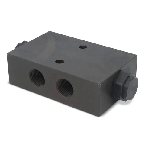 Rectangular metal double pilot-operated hydraulic check valve with two 1/2 in NPT ports on the front and a side hex nut