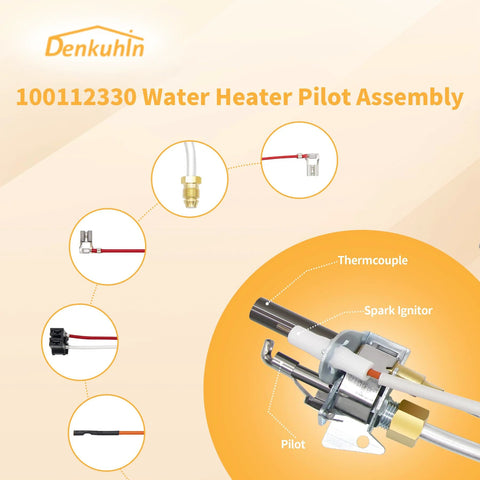 Denkuhin 100112330 water heater pilot assembly with thermopile; fits Whirlpool 300/301, A.O. Smith, Kenmore