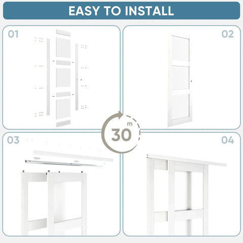 Installation steps for Sliding Closet Door Set 72 Inch High By 80 Inch Wide Double 37 Inch Panels With Three Lite Frosted Glass Bypass Design Includes Hardware Kit And Matching Fascia Pre Drilled Solid Wood Slab With Waterproof PVC Surface Easy Installation White.
