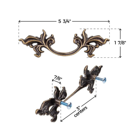 French Provincial Grape Leaf Drawer Pull In Antique Brass Finish, 3 Inch Centers, Five And Three Quarter Inch Wide, Die Cast Zinc
