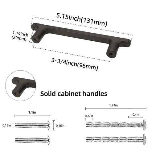 Diagram of Matte Black Cabinet Handles 3.75 Inch Center To Center 96mm with measurements and screws