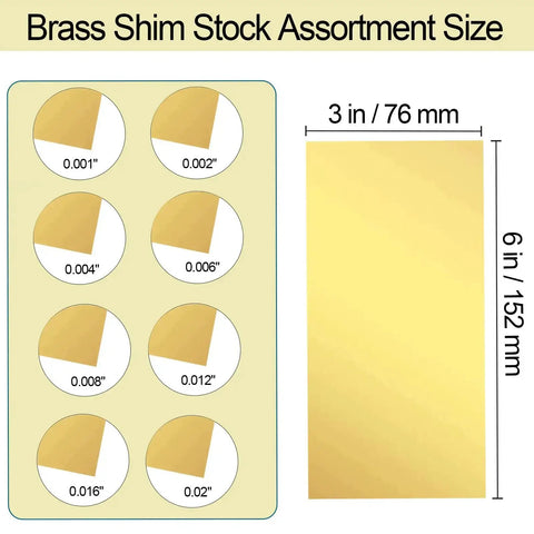 8 Piece Brass Shim Stock Set With 6 Inch By 3 Inch Sheets In 0.001 0.002 0.004 0.006 0.008 0.012 0.016 0.02 Inch Thickness For DIYers Gaskets Washers Spacers And Machining Projects showing sheet thicknesses and dimensions.