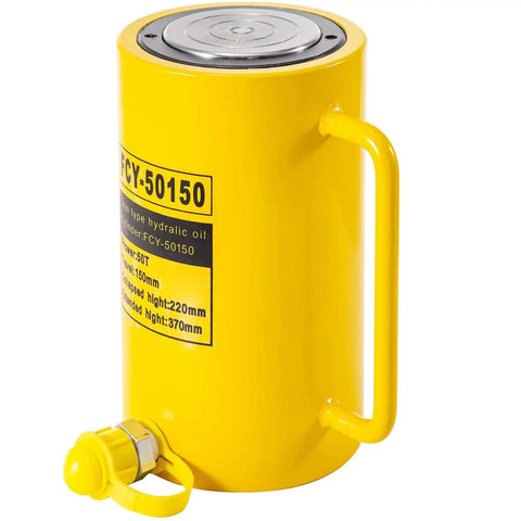 Side view of yellow 50T Hydraulic Cylinder Jack with 6 inch stroke for bending and lifting on trucks, showing handle and connector.